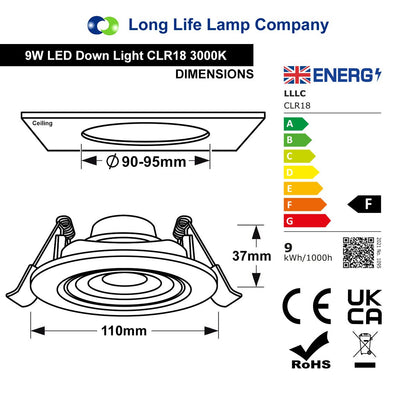 Warm White 9w LED Recessed Ceiling Downlight Adjustable - Energy Light Bulbs - Free delivery on all orders