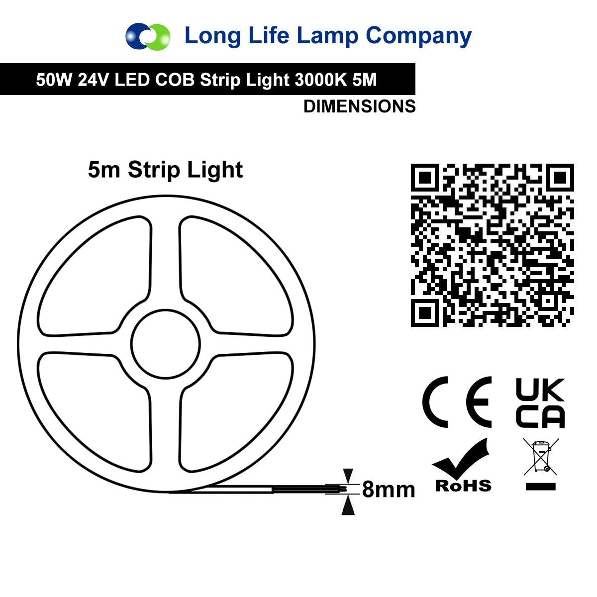 Warm White LED Tape Strip Light Continuous COB Illumination 5 Metres 24V with Transformer - Energy Light Bulbs - Free delivery on all orders