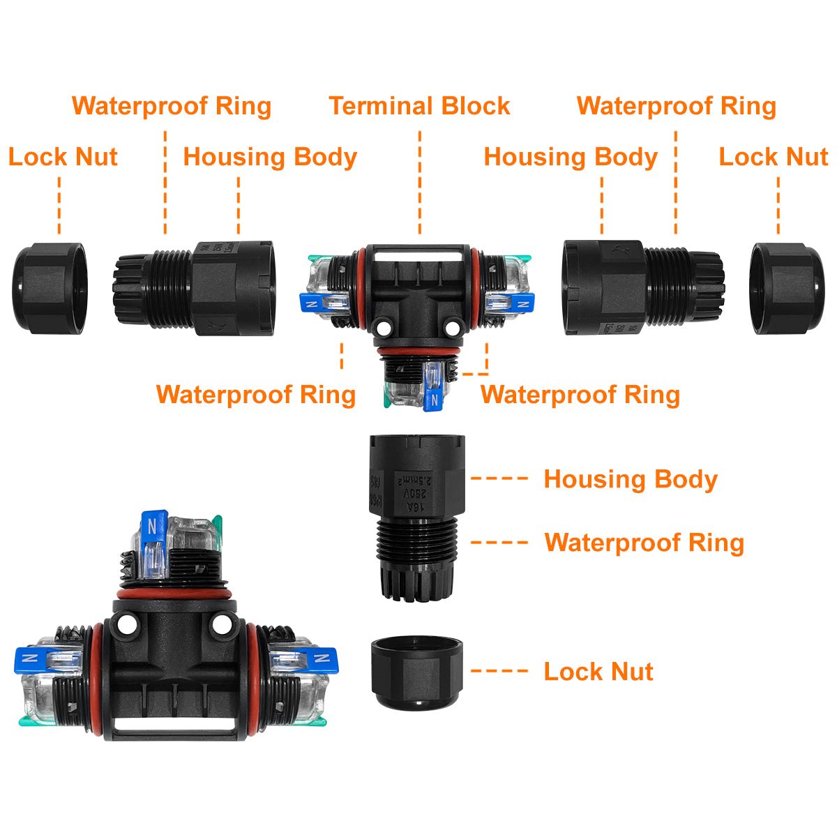 Waterproof IP68 Tee Quick Connector 3P Terminal QCT1 - Free delivery on all orders